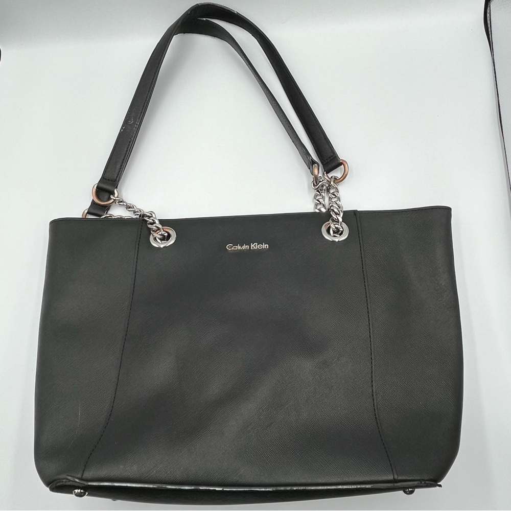Calvin Klein  Black Tote Bag zip enclosure chain accent